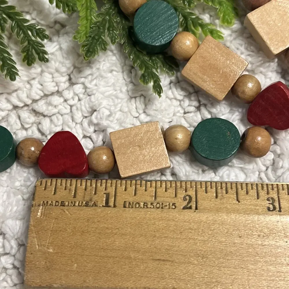 Vintage 90s Wooden Heart Beaded Garland Country 9’ Farmhouse Red Green Christmas